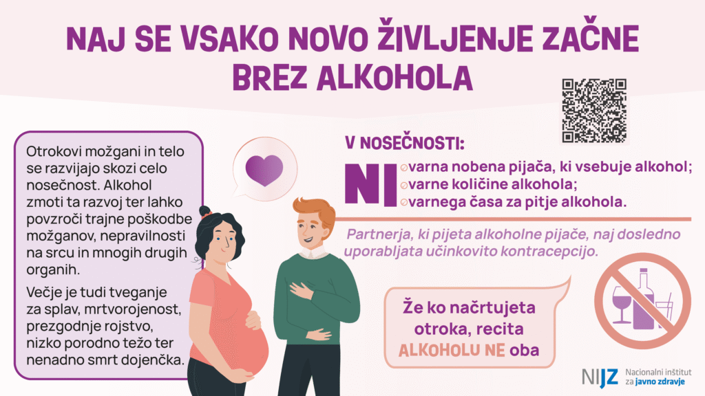 Naj se vsako življenje začne brez alkohola. Alkohol zmoti razvoj otroka ter lahko povzroči trajne poškodbe možganov, nepravilnosti na srcu in mnogih drugih organih.